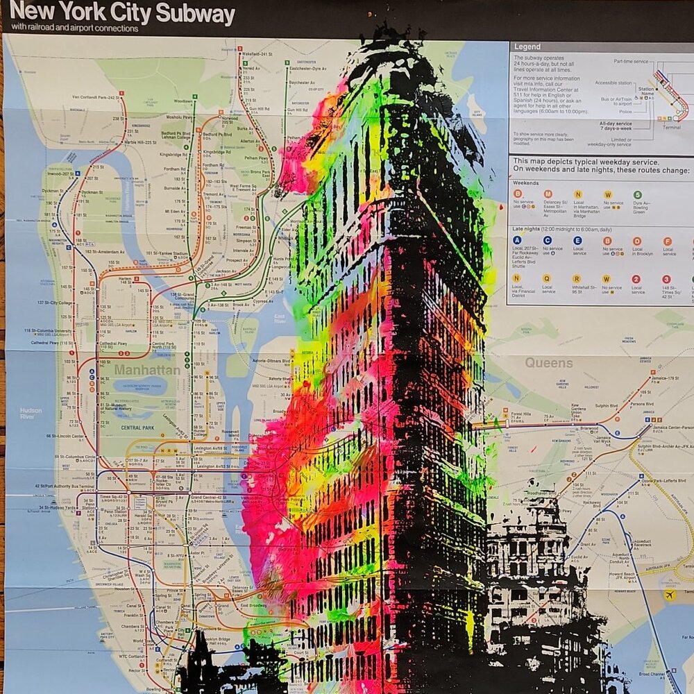 Handpainted New York Flatiron Skyscraper Acrylic Painting on a NYC Subway map